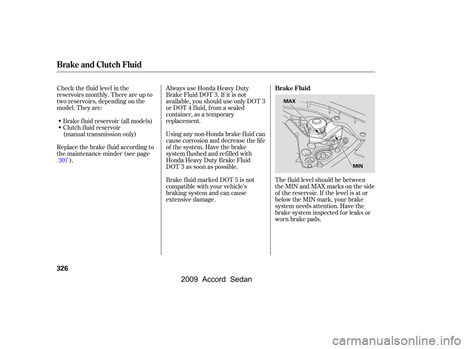 HONDA ACCORD COUPE 2009 8.G Owners Manual Check the f luid level in the 
reservoirs monthly. There are up to
two reservoirs, depending on the
model. They are: 
Replace the brake f luid according to 
the maintenance minder (see page). Always u