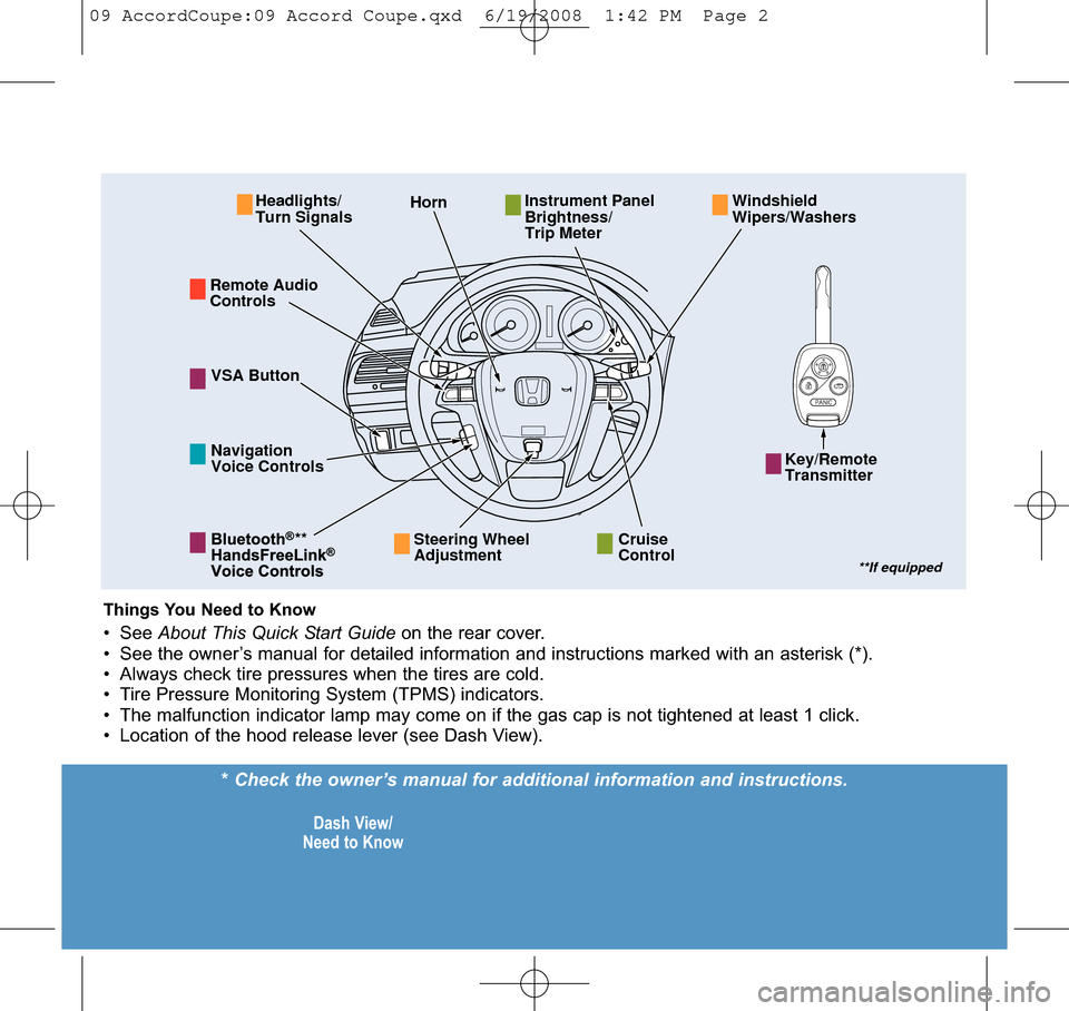 HONDA ACCORD COUPE 2009 8.G Quick Guide * Check the owner’s manual for additional information and instructions. Dash View/
Need to Know
Key/Remote
Transmitter
HornHeadlights/
Turn SignalsInstrument Panel
Brightness/
Trip MeterWindshield
W