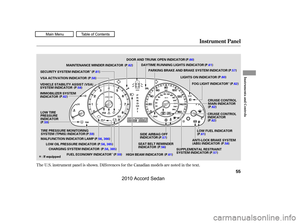 HONDA ACCORD COUPE 2010 8.G Owners Manual Î
Î
Î
Î
The U.S. instrument panel is shown. Dif f erences f or the Canadian models are noted in the text.
Instrument Panel
Inst rument s and Cont rols
55
(P.57)
(P.62)
: If equipped
LOW FUEL I