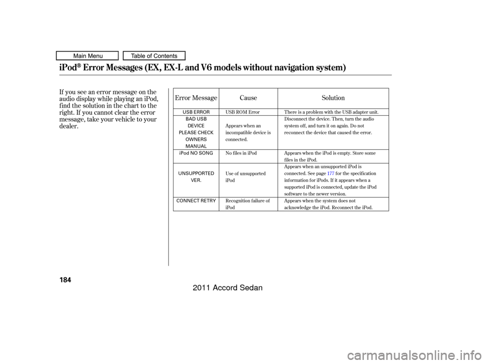 HONDA ACCORD COUPE 2011 8.G Owners Manual If you see an error message on the
audio display while playing an iPod,
f ind the solution in the chart to the
right. If you cannot clear the error
message, take your vehicle to your
dealer.Solution
E