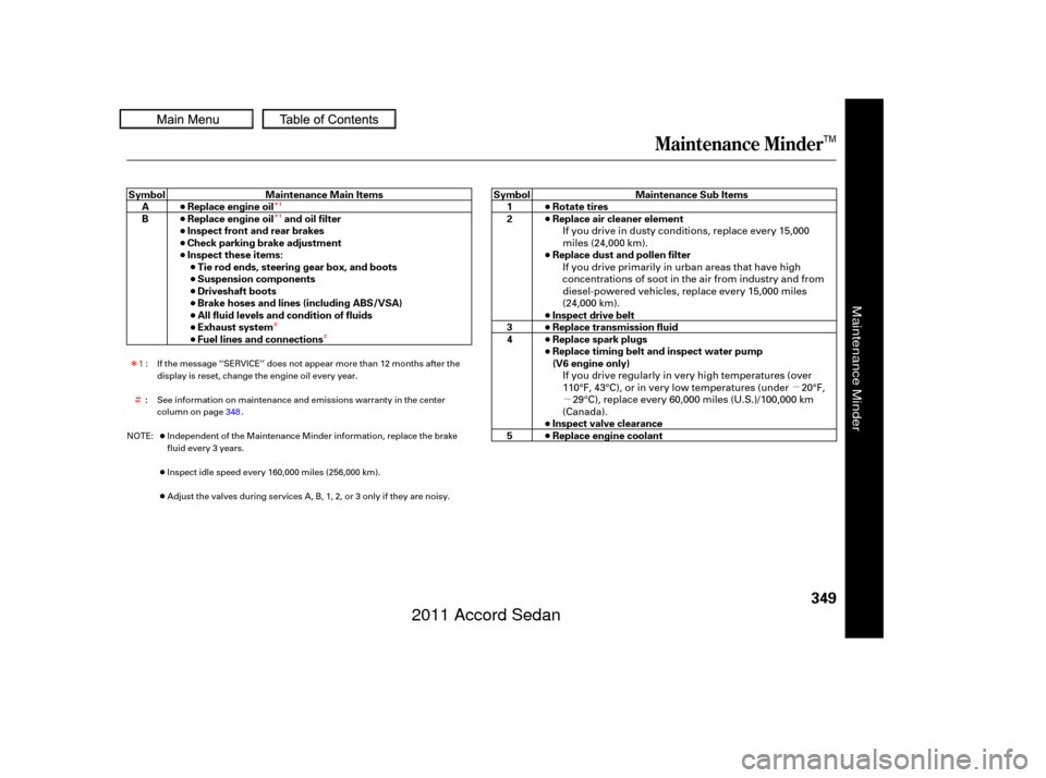 HONDA ACCORD COUPE 2011 8.G Owners Manual Î
Î
Ì Ì
µ
µ
Î
Ì
Maintenance Minder
349
Maintenance Main Items
Replace engine oil
Replace engine oil and oil filter
Inspect front and rear brakes
Check parking brake adjustment
Inspect 