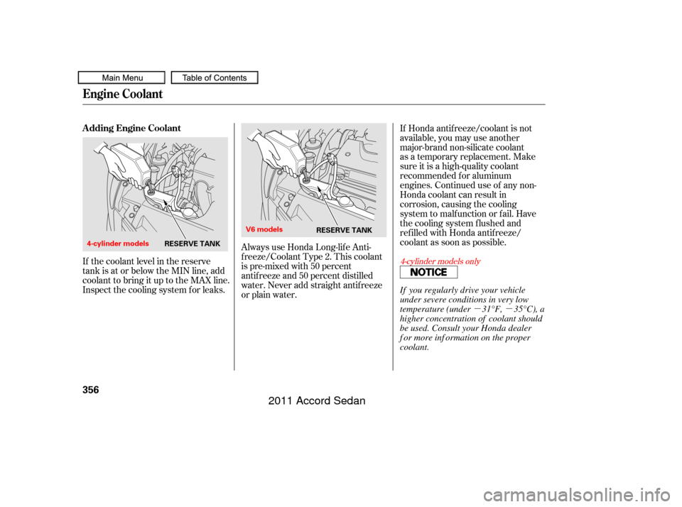 HONDA ACCORD COUPE 2011 8.G Owners Manual µµ
Always use Honda Long-lif e Anti-
f reeze/Coolant Type 2. This coolant
is pre-mixed with 50 percent
antif reeze and 50 percent distilled
water. Never add straight antif reeze
or plain water.
If