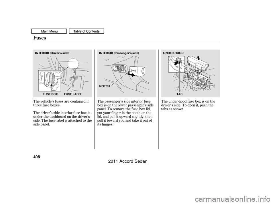 HONDA ACCORD COUPE 2011 8.G Owners Manual The vehicle’s f uses are contained in
threefuseboxes.
Thedriver’ssideinteriorfuseboxis
under the dashboard on the driver’s
side. The fuse label is attached to the
side panel.The passenger’s si