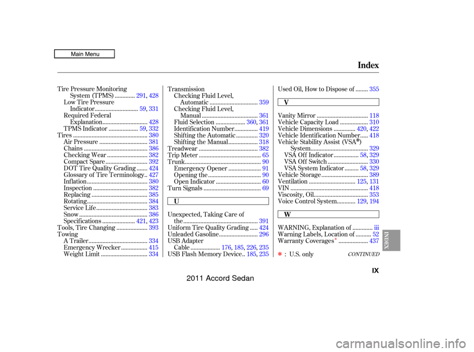 HONDA ACCORD COUPE 2011 8.G Owners Manual Î
CONT INUED
Tire Pressure Monitoring............
System (TPMS) . 291,428
Low Tire Pressure ...........................
Indicator .59, 331
Required Federal ............................
Explanation .