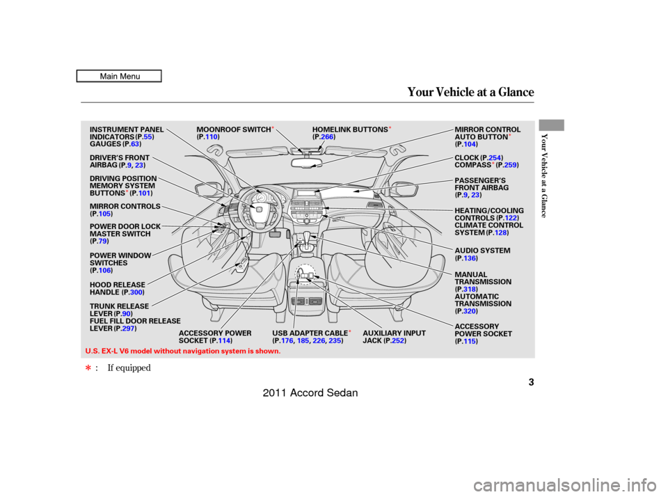 HONDA ACCORD COUPE 2011 8.G Owners Manual Î
ÎÎ
Î
Î
Î
Î
If equipped
:
Your Vehicle at a Glance
Your Vehicle at a Glance
3
(P.9, 23)
U.S. EX-L V6 model without navigation system is shown. DRIVING POSITION
MEMORY SYSTEM
BUTTONS
MIR