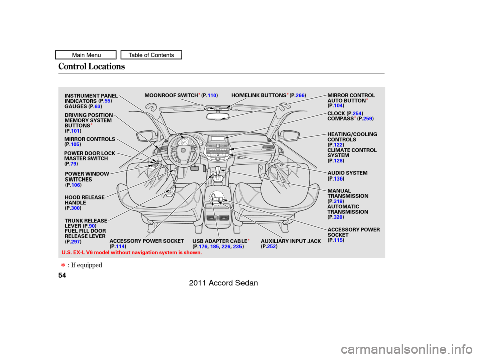 HONDA ACCORD COUPE 2011 8.G Owners Manual Î
ÎÎÎ
Î
Î
Î
If equipped
:
Control L ocations
54
MIRROR CONTROLS
CLIMATE CONTROL
SYSTEM HEATING/COOLING
CONTROLS
POWER DOOR LOCK
MASTER SWITCH
POWER WINDOW
SWITCHES
TRUNK RELEASE
LEVER AU