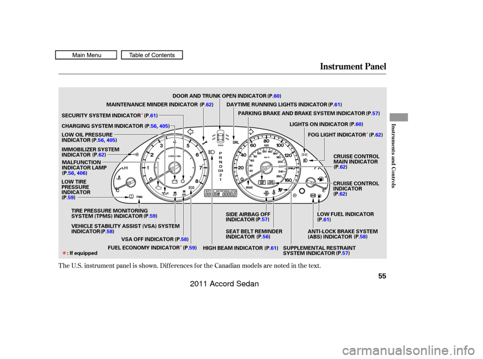 HONDA ACCORD COUPE 2011 8.G Owners Manual Î
Î
Î
Î
The U.S. instrument panel is shown. Dif f erences f or the Canadian models are noted in the text.
Instrument Panel
Inst rument s and Cont rols
55
(P.
57)
(P.62)
: If equipped LOW FUEL 