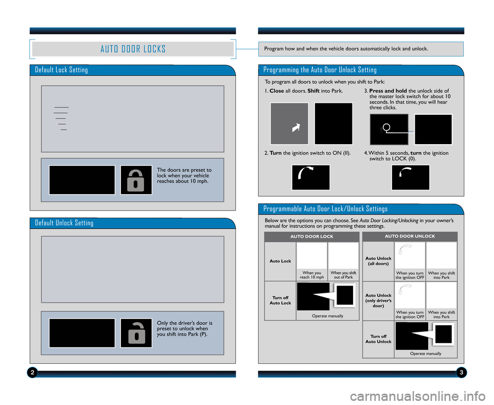 HONDA ACCORD COUPE 2011 8.G Technology Reference Guide A U T O D O O R L O C K SProgram how and when the vehicle doors automatically lock and unlock.
Default Lock SettingProgramming the Auto Door Unlock Setting
The doors are preset to
lock when your vehic