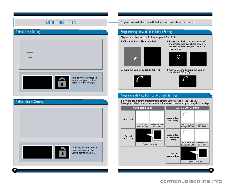 HONDA ACCORD SEDAN 2011 8.G Technology Reference Guide A U T O D O O R L O C K SProgram how and when the vehicle doors automatically lock and unlock.
Default Lock SettingProgramming the Auto Door Unlock Setting
The doors are preset to
lock when your vehic HONDA ACCORD SEDAN 2011 8.G Technology Reference Guide A U T O D O O R L O C K SProgram how and when the vehicle doors automatically lock and unlock.
Default Lock SettingProgramming the Auto Door Unlock Setting
The doors are preset to
lock when your vehic