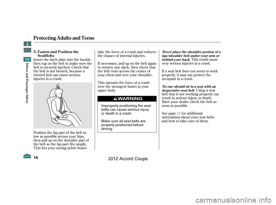 HONDA ACCORD COUPE 2012 8.G User Guide This could cause
very serious injuries in a crash.
Position the lap part of the belt as
low as possible across your hips,
then pull up on the shoulder part of
the belt so the lap part f its snugly.
Th