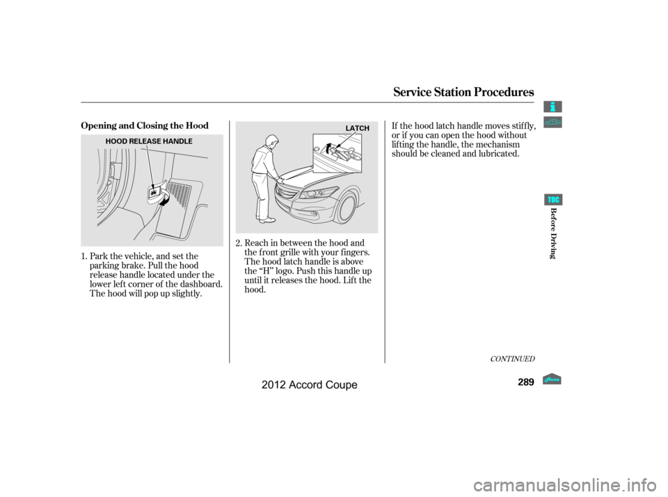 HONDA ACCORD COUPE 2012 8.G Owners Manual Park the vehicle, and set the
parking brake. Pull the hood
release handle located under the
lower lef t corner of the dashboard.
The hood will pop up slightly.Reach in between the hood and
the f ront 