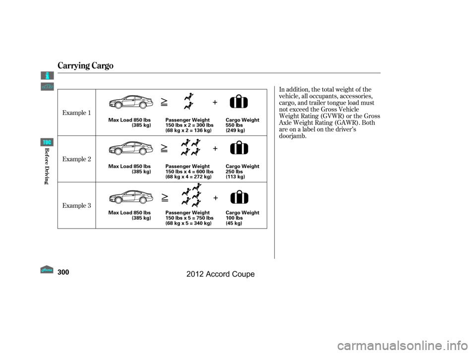 HONDA ACCORD COUPE 2012 8.G Owners Manual In addition, the total weight of the
vehicle, all occupants, accessories,
cargo, and trailer tongue load must
not exceed the Gross Vehicle
Weight Rating (GVWR) or the Gross
Axle Weight Rating (GAWR). 