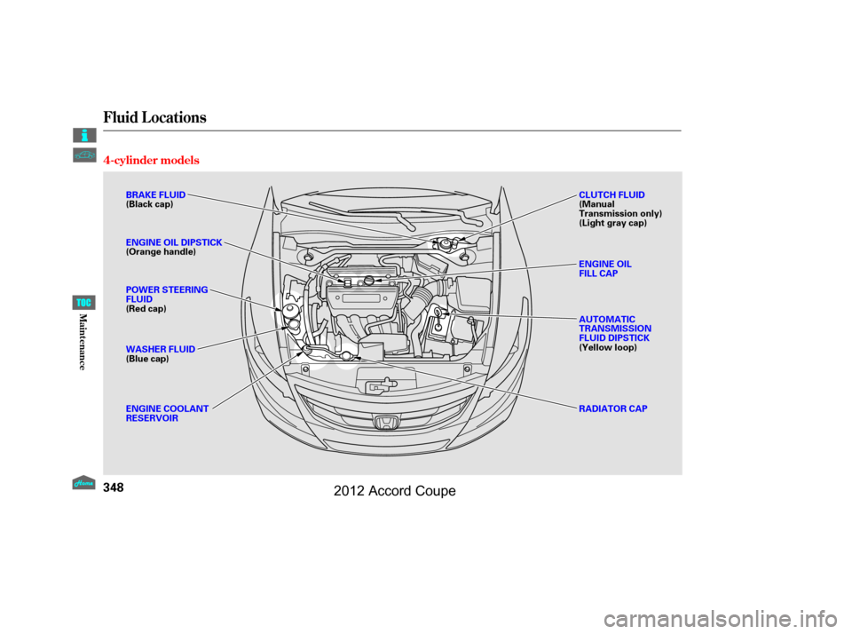 HONDA ACCORD COUPE 2012 8.G Owners Manual Fluid Locations
4-cylinder models
348
ENGINE COOLANT
RESERVOIR BRAKE FLUID
(Black cap)
ENGINE OIL DIPSTICK
(Orange handle)
WASHER FLUID
(Blue cap)CLUTCH FLUID
(Manual
Transmission only)
(Light gray ca
