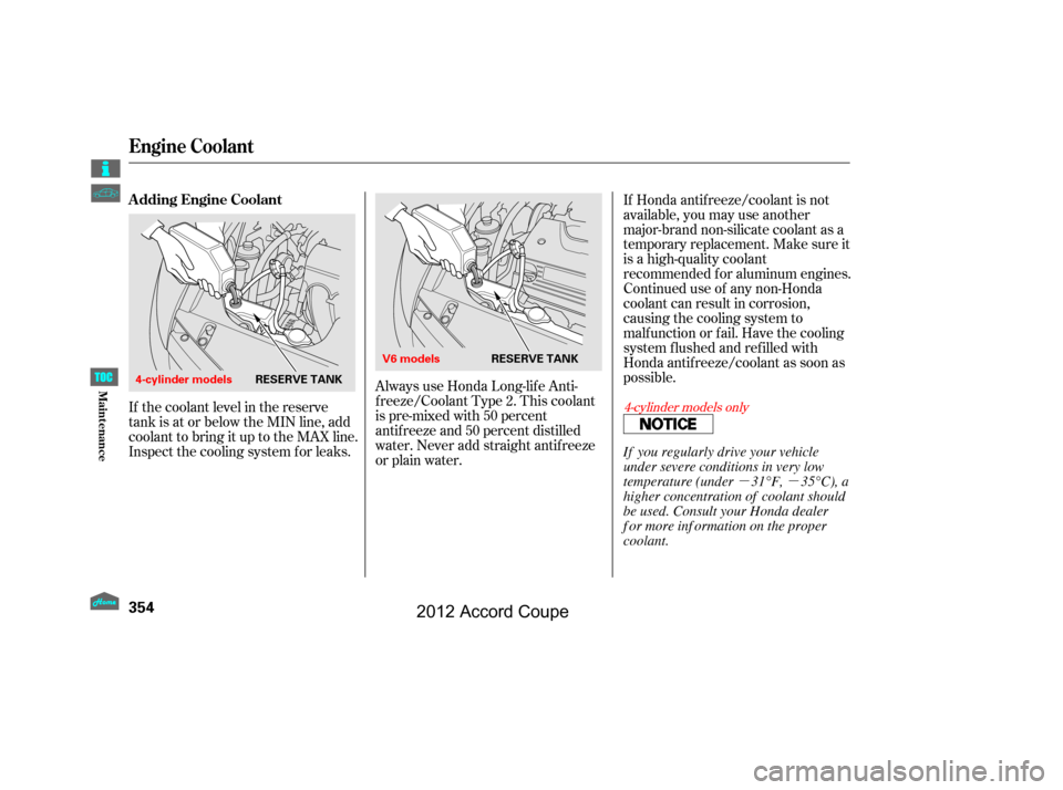 HONDA ACCORD COUPE 2012 8.G Owners Manual µµ
Always use Honda Long-lif e Anti-
f reeze/Coolant Type 2. This coolant
is pre-mixed with 50 percent
antif reeze and 50 percent distilled
water. Never add straight antif reeze
or plain water.
If