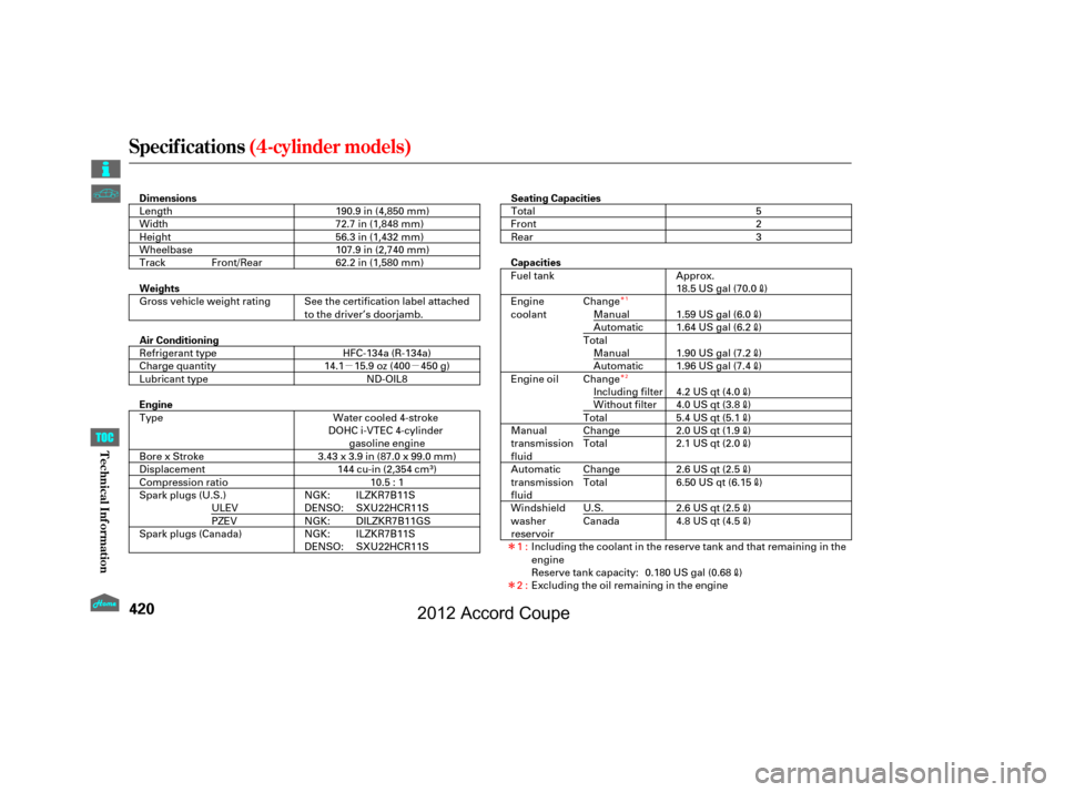 HONDA ACCORD COUPE 2012 8.G Owners Manual µµÎ
Î
Î
Î
Specif ications(4-cylinder models)
420
Dimensions Seating Capacities
Weights
Air Conditioning
Engine Capacities
107.9 in (2,740 mm)
62.2 in (1,580 mm)
Length
Width
Height
Wheelba