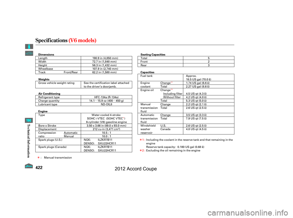 HONDA ACCORD COUPE 2012 8.G Owners Manual ÎÎ
Î
µµ
Î
Î
Î
Specif ications (V6 models)
422
Dimensions Seating Capacities
Weights
Air Conditioning Capacities
Engine Length
Width
Height
Wheelbase
Track 190.9 in (4,850 mm)
62.2 in (