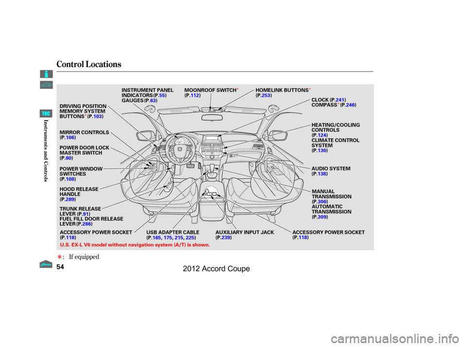 HONDA ACCORD COUPE 2012 8.G Workshop Manual Î
Î
Î Î
Î
If equipped
:
Control L ocations
54
AUDIO SYSTEM HEATING/COOLING
CONTROLS
CLIMATE CONTROL
SYSTEMCLOCK
COMPASS
MANUAL
TRANSMISSION
AUTOMATIC
TRANSMISSION
(P.309) (P.306)
(P.130)
(P.