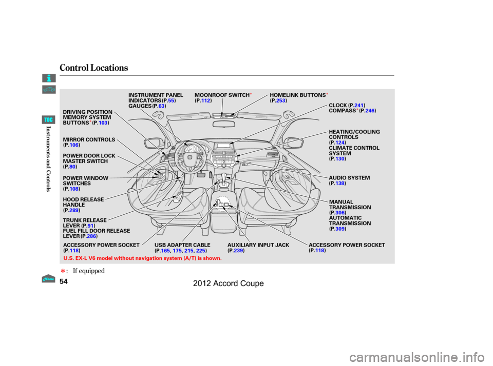 HONDA ACCORD COUPE 2012 8.G Owners Manual Î
Î
Î Î
Î
If equipped
:
Control L ocations
54
AUDIO SYSTEM HEATING/COOLING
CONTROLS
CLIMATE CONTROL
SYSTEMCLOCK
COMPASS
MANUAL
TRANSMISSION
AUTOMATIC
TRANSMISSION
(P.309) (P.306)
(P.130)
(P.