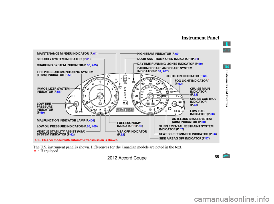 HONDA ACCORD COUPE 2012 8.G Workshop Manual Î
Î
Î
If equipped
The U.S. instrument panel is shown. Dif f erences f or the Canadian models are noted in the text.
:
Instrument Panel
55
ANTI-LOCK BRAKE SYSTEM
(ABS) INDICATOR
LIGHTS ON INDICAT