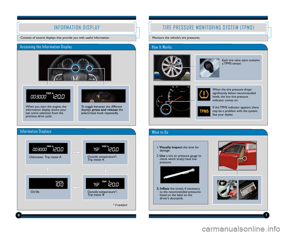 HONDA ACCORD COUPE 2012 8.G Technology Reference Guide What to Do
Accessing the Information Display
Odometer\b Trip meter AOutside temperature*\b
Trip meter A
Oil lifeOutside temperature*\b
Trip meter B
Information Displays
* if equipped
I N F O R M A T I