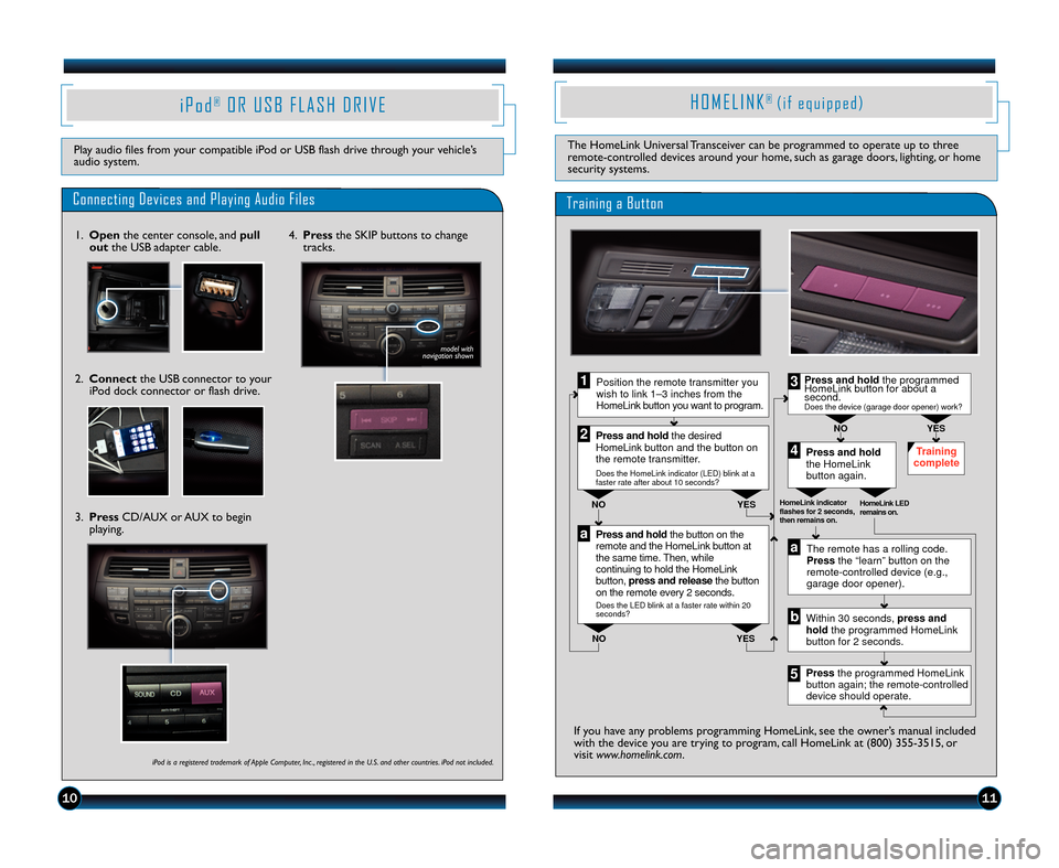 HONDA ACCORD COUPE 2012 8.G Technology Reference Guide i P o d®O R U S B F L A S H D R I V E
Play audio files from your compatible iPod or USB flash drive through your vehicle’s
audio system.
Connecting Devices and Playing Audio Files
1.Open the center HONDA ACCORD COUPE 2012 8.G Technology Reference Guide i P o d®O R U S B F L A S H D R I V E
Play audio files from your compatible iPod or USB flash drive through your vehicle’s
audio system.
Connecting Devices and Playing Audio Files
1.Open the center