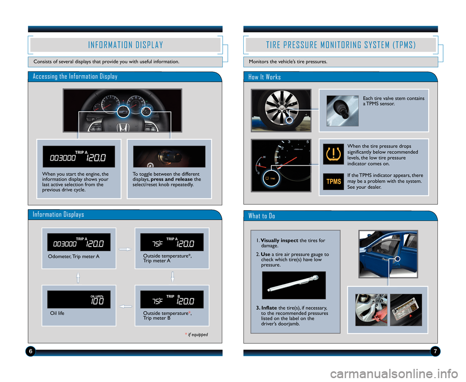 HONDA ACCORD SEDAN 2012 8.G Technology Reference Guide What to Do
Accessing the Information DisplayHow It Works
Odometer\b Trip meter AOutside temperature*\b
Trip meter A
Oil lifeOutside temperature*\b
Trip meter B
Information Displays
*if equipped
I N F 