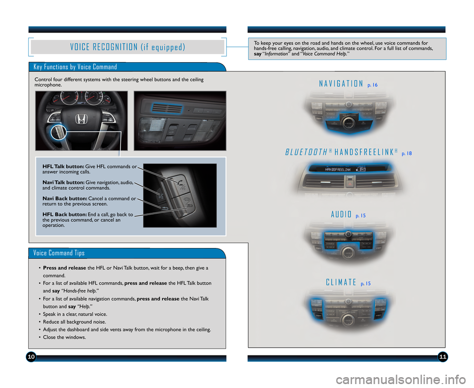 HONDA ACCORD SEDAN 2012 8.G Technology Reference Guide V O I C E R E C O G N I T I O N ( i f e q u i p p e d )To keep your eyes on the road and hands on the wheel\b use voice commands for
hands�free calling\b navigation\b audio\b and climate control. For 