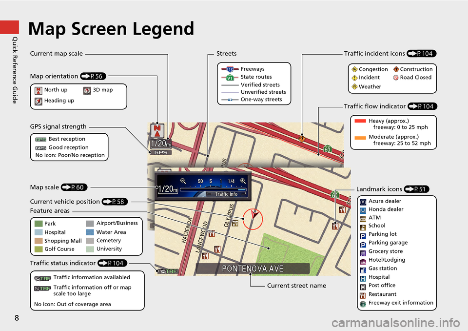HONDA ACCORD COUPE 2014 9.G Navigation Manual 8
Quick Reference GuideMap Screen Legend
Map orientation (P56)
GPS signal strength
North up
Heading up Best reception
Good reception
No icon: Poor/No reception
Traffic status indicator  (P104)
Traffic