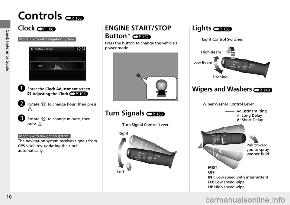 HONDA ACCORD COUPE 2014 9.G User Guide 10
Quick Reference Guide
Controls (P 105)
Clock (P 106)
aEnter the Clock Adjustment  screen.
2 Adjusting the Clock  (P 106)
bRotate   to change hour, then press 
.
cRotate   to change minute, then 
pr