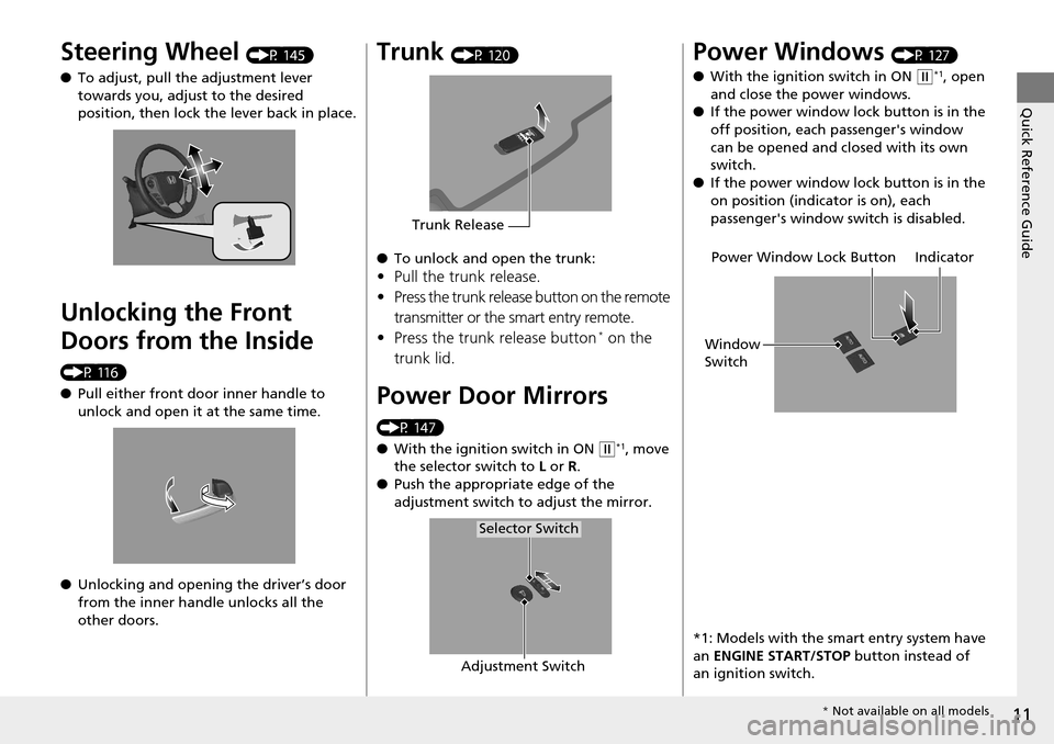 HONDA ACCORD COUPE 2014 9.G Owners Manual 11
Quick Reference Guide
Steering Wheel (P 145)
● To adjust, pull the adjustment lever 
towards you, adjust to the desired 
position, then lock the lever back in place.
Unlocking the Front 
Doors fr