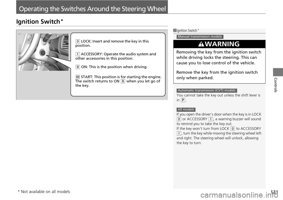 HONDA ACCORD COUPE 2014 9.G Owners Manual 131
Controls
Operating the Switches Around the Steering Wheel
Ignition Switch*
1Ignition Switch*
You cannot take the key out  unless the shift lever is 
in 
( P.
If you open the drivers door  when th