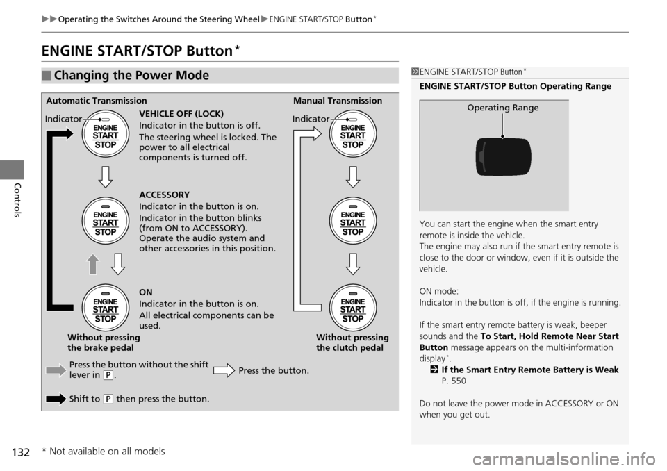 HONDA ACCORD COUPE 2014 9.G Owners Manual 132
uuOperating the Switches Around the Steering Wheel uENGINE START/STOP Button*
Controls
ENGINE START/STOP Button*
■Changing the Power Mode1ENGINE START/STOP  Button*
ENGINE START/STOP Button Oper