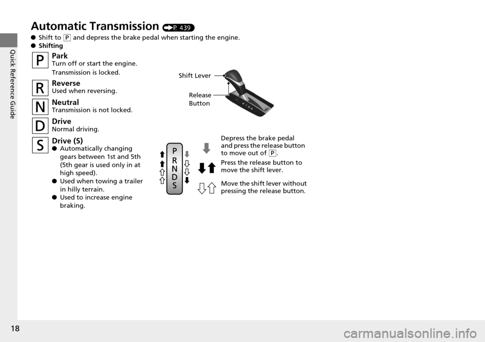 HONDA ACCORD COUPE 2014 9.G User Guide 18
Quick Reference Guide
Automatic Transmission (P 439)
● Shift to
(P and depress the brake pedal when starting the engine.
● Shifting
ParkTurn off or start the engine.
Transmission is locked.
Ne HONDA ACCORD COUPE 2014 9.G User Guide 18
Quick Reference Guide
Automatic Transmission (P 439)
● Shift to
(P and depress the brake pedal when starting the engine.
● Shifting
ParkTurn off or start the engine.
Transmission is locked.
Ne