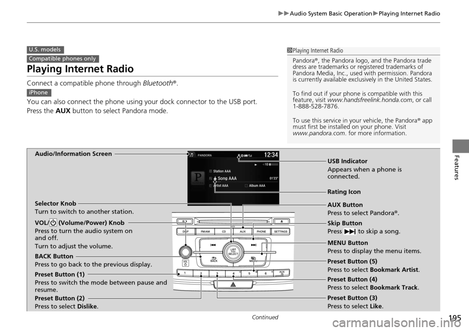 HONDA ACCORD COUPE 2014 9.G Owners Manual 195
uuAudio System Basic Operation uPlaying Internet Radio
Continued
Features
Playing Internet Radio
Connect a compatible phone through  Bluetooth®.
You can also connect the phone using your dock con