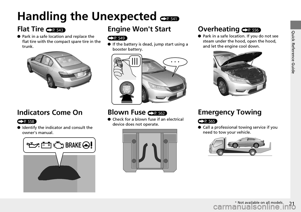 HONDA ACCORD COUPE 2014 9.G Owners Manual Quick Reference Guide
21
Handling the Unexpected (P 541)
Flat Tire (P 543)
● Park in a safe location and replace the 
flat tire with the comp act spare tire in the 
trunk.
Indicators Come On 
(P 558