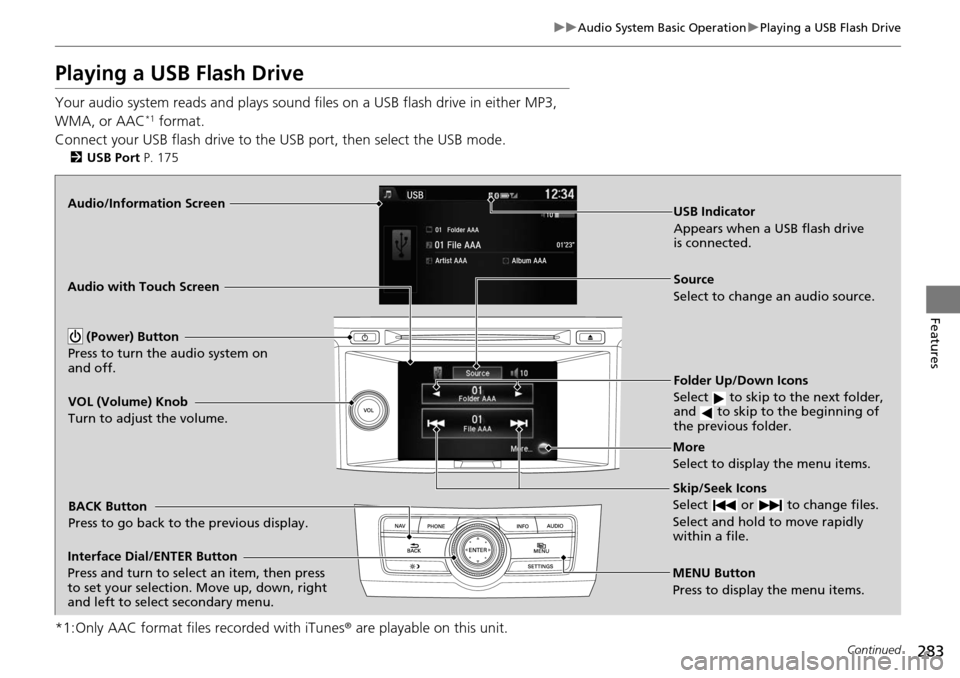 HONDA ACCORD COUPE 2014 9.G Owners Manual 283
uuAudio System Basic Operation uPlaying a USB Flash Drive
Continued
Features
Playing a USB Flash Drive
Your audio system reads and  plays sound files on a USB flash drive in either MP3, 
WMA, or A