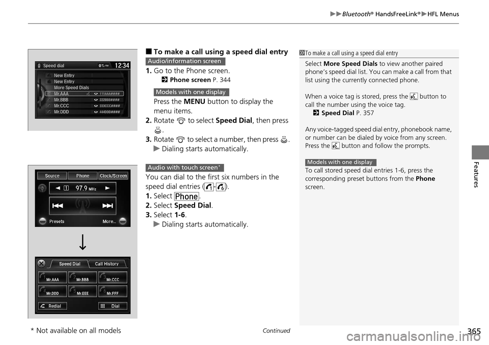 HONDA ACCORD COUPE 2014 9.G Owners Manual Continued365
uuBluetooth ® HandsFreeLink ®u HFL Menus
Features
■To make a call using  a speed dial entry
1. Go to the Phone screen.
2 Phone screen  P. 344
Press the MENU button to display the 
men
