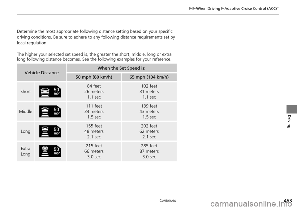 HONDA ACCORD COUPE 2014 9.G Owners Manual 453
uuWhen Driving uAdaptive Cruise Control (ACC)*
Continued
Driving
Determine the most appropriate following distance setting based on your specific
driving conditions. Be sure to adhere to any fo HONDA ACCORD COUPE 2014 9.G Owners Manual 453
uuWhen Driving uAdaptive Cruise Control (ACC)*
Continued
Driving
Determine the most appropriate following distance setting based on your specific
driving conditions. Be sure to adhere to any fo