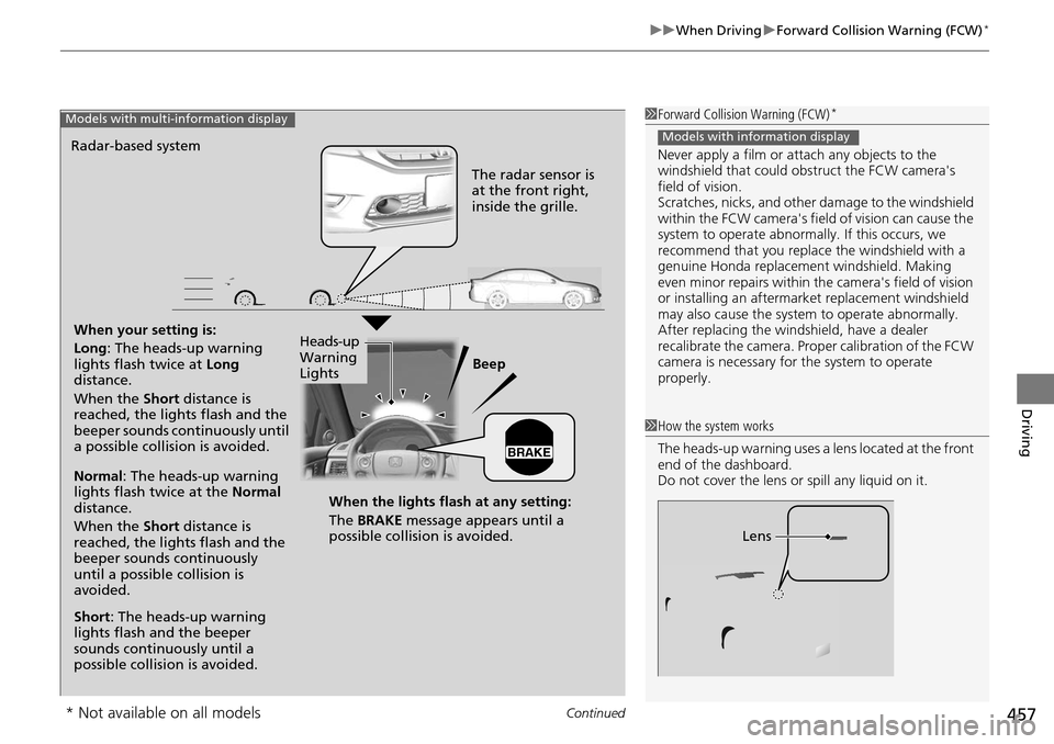 HONDA ACCORD COUPE 2014 9.G Owners Manual Continued457
uuWhen Driving uForward Collision Warning (FCW)*
Driving
1Forward Collision Warning (FCW)*
Never apply a film or attach any objects to the
windshield that could obs truct the FCW camera HONDA ACCORD COUPE 2014 9.G Owners Manual Continued457
uuWhen Driving uForward Collision Warning (FCW)*
Driving
1Forward Collision Warning (FCW)*
Never apply a film or attach any objects to the
windshield that could obs truct the FCW camera
