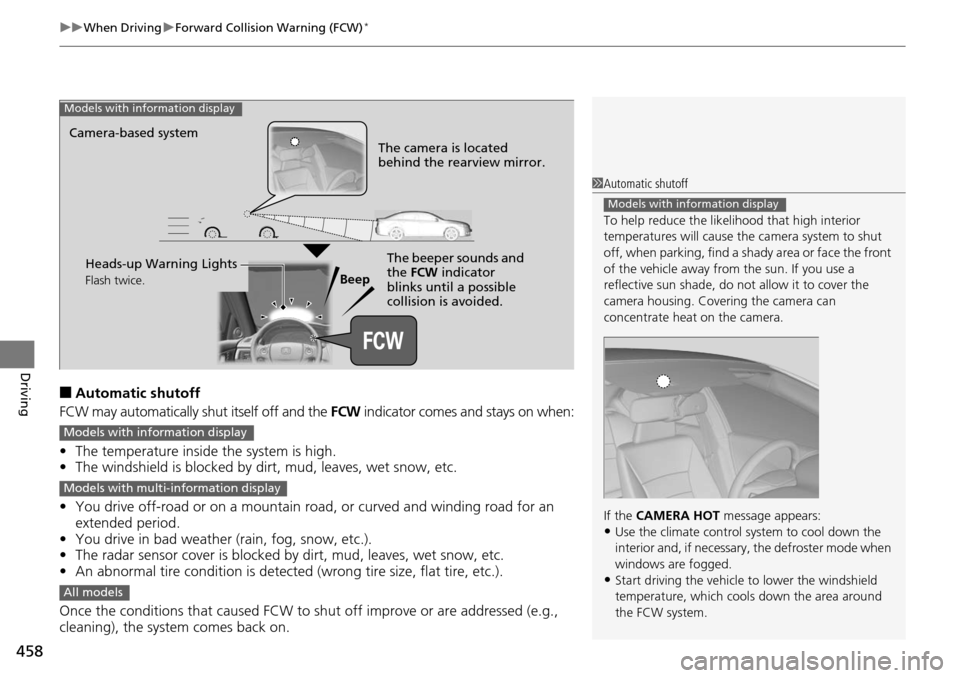 HONDA ACCORD COUPE 2014 9.G Owners Manual uuWhen Driving uForward Collision Warning (FCW)*
458
Driving
■Automatic shutoff
FCW may automatically shut itself off and the  FCW indicator comes and stays on when:
• The temperature inside the s