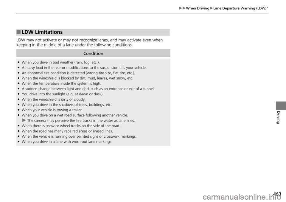 HONDA ACCORD COUPE 2014 9.G Owners Manual 463
uuWhen Driving uLane Departure Warning (LDW)*
Driving
LDW may not activate or may not recognize  lanes, and may activate even when 
keeping in the middle of a lane under the following conditions.
