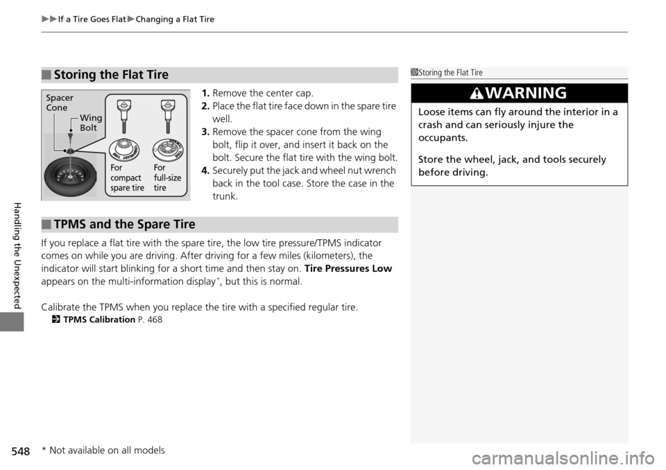 HONDA ACCORD COUPE 2014 9.G Owners Manual uuIf a Tire Goes Flat uChanging a Flat Tire
548
Handling the Unexpected
1. Remove the center cap.
2. Place the flat tire face down in the spare tire 
well.
3. Remove the spacer  cone from the wing 
bo