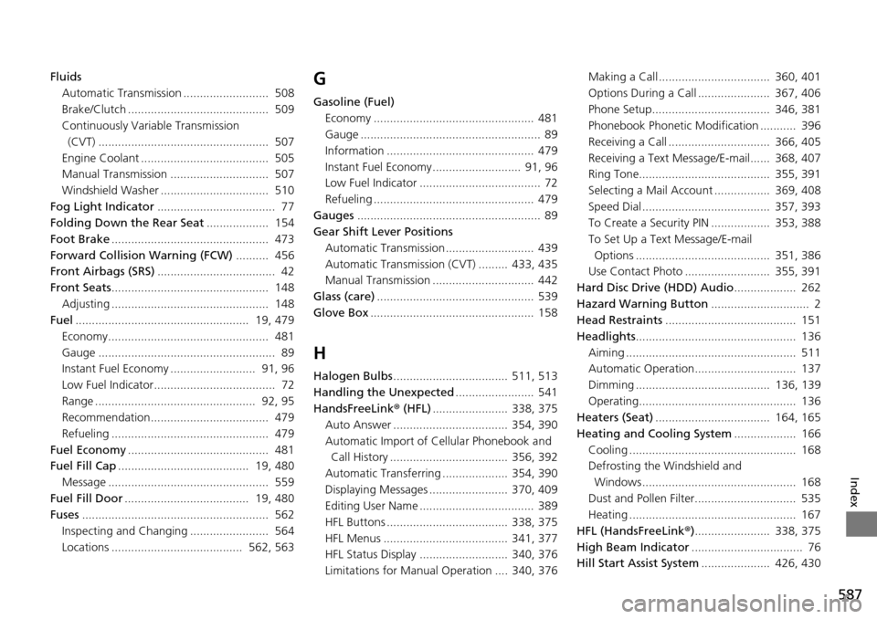 HONDA ACCORD COUPE 2014 9.G User Guide 587
Index
FluidsAutomatic Transmission ..........................  508
Brake/Clutch ...........................................  509
Continuously Variable Transmission (CVT) ..........................