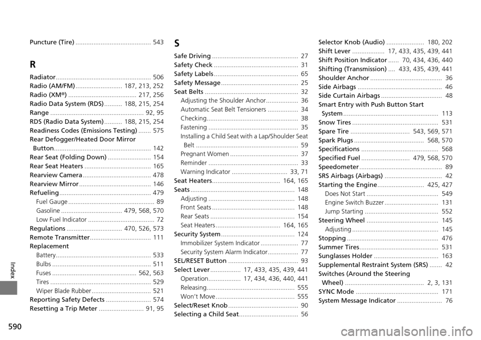 HONDA ACCORD COUPE 2014 9.G Owners Manual 590
Index
Puncture (Tire).......................................... 543
R
Radiator..................................................... 506
Radio (AM/FM) ..........................  187, 213, 252
Radi