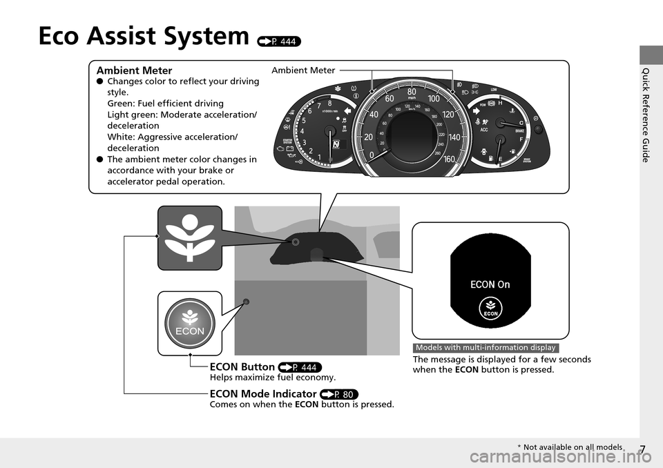 HONDA ACCORD COUPE 2014 9.G Owners Manual 7
Quick Reference Guide
Eco Assist System (P 444)
Ambient Meter●Changes color to reflect your driving 
style.
Green: Fuel efficient driving
Light green: Moderate acceleration/
deceleration
White: Ag