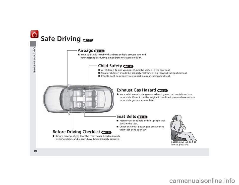 HONDA ACCORD COUPE 2015 9.G Owners Manual 10Quick Reference Guide
Safe Driving 
(P 27)
Airbags 
(P 39)
● Your vehicle is fitted with airbags to help protect you and 
your passengers during a moderate-to-severe collision.
Child Safety 
(P 52