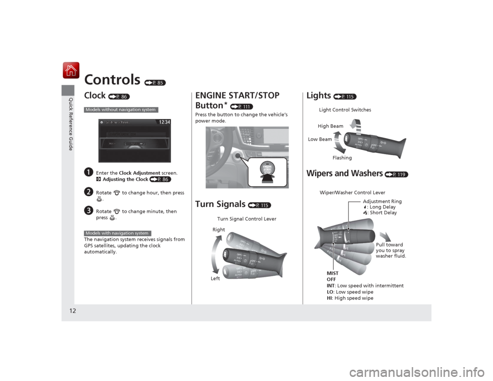 HONDA ACCORD COUPE 2015 9.G Owners Manual 12Quick Reference Guide
Controls 
(P 85)
Clock 
(P 86)
a
Enter the Clock Adjustment  screen.
2 Adjusting the Clock  (P 86)
b
Rotate   to change hour, then press 
.
c
Rotate   to change minute, then 
p