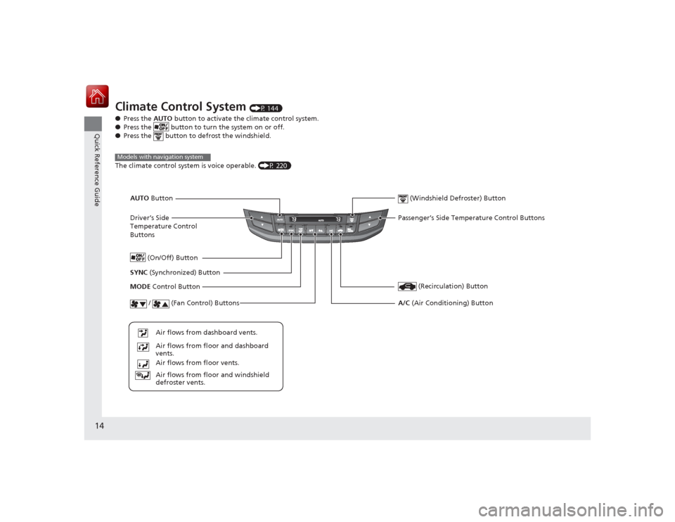 HONDA ACCORD COUPE 2015 9.G Owners Manual 14Quick Reference Guide
Climate Control System 
(P 144)
● Press the  AUTO button to activate the climate control system.
● Press the   button to turn the system on or off.
● Press the   button t