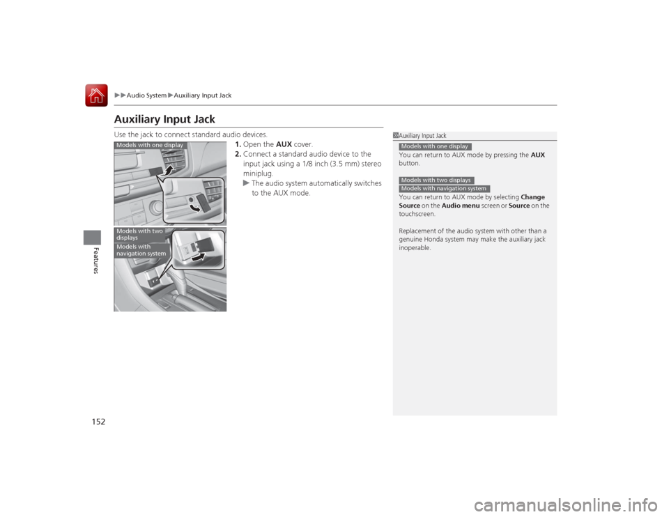 HONDA ACCORD COUPE 2015 9.G Owners Manual 152
uuAudio System uAuxiliary Input Jack
Features
Auxiliary Input JackUse the jack to connect standard audio devices.
1.Open the  AUX cover.
2. Connect a standard audio device to the 
input jack using