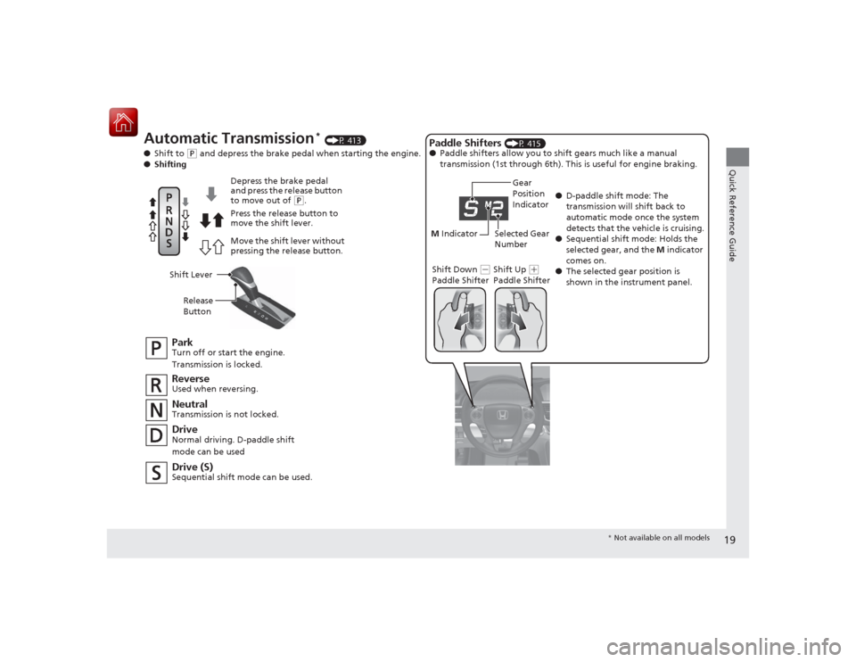 HONDA ACCORD COUPE 2015 9.G User Guide 19Quick Reference Guide
Automatic Transmission
* (P 413)
● Shift to
(P and depress the brake pedal when starting the engine.
● Shifting
ParkTurn off or start the engine.
Transmission is locked.Ne HONDA ACCORD COUPE 2015 9.G User Guide 19Quick Reference Guide
Automatic Transmission
* (P 413)
● Shift to
(P and depress the brake pedal when starting the engine.
● Shifting
ParkTurn off or start the engine.
Transmission is locked.Ne